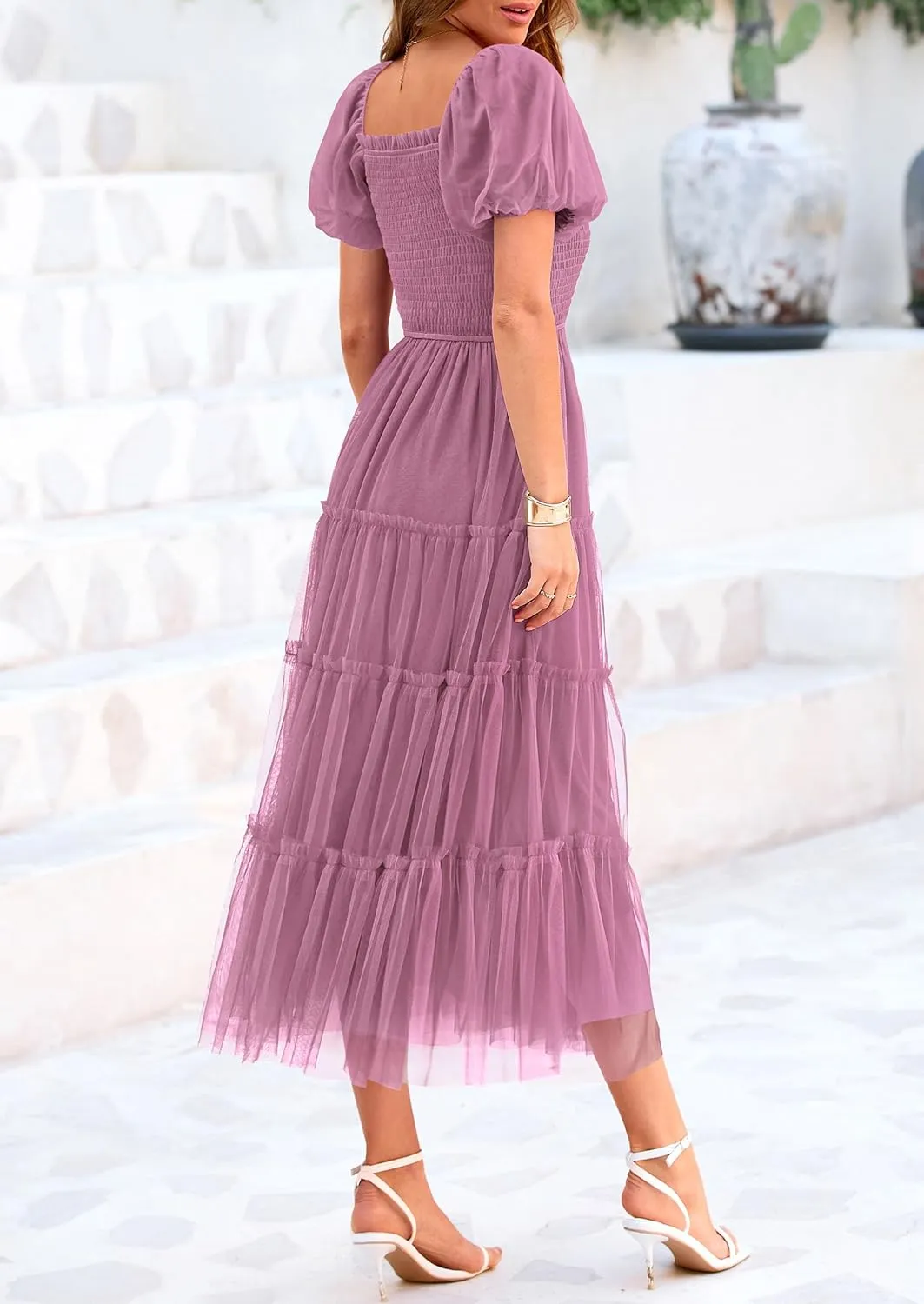 PRETTYGARDEN Women's Smocked Tulle Midi Dress 2025 Summer Square Neck Puffy Short Sleeve Ruffle Wedding Guest Party Dresses