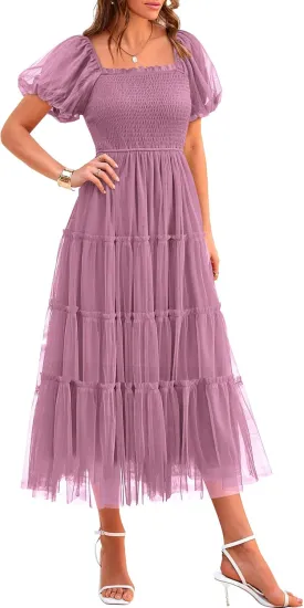 PRETTYGARDEN Women's Smocked Tulle Midi Dress 2025 Summer Square Neck Puffy Short Sleeve Ruffle Wedding Guest Party Dresses
