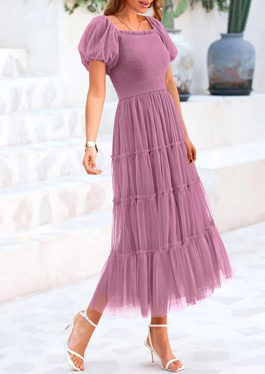 PRETTYGARDEN Women's Smocked Tulle Midi Dress 2025 Summer Square Neck Puffy Short Sleeve Ruffle Wedding Guest Party Dresses