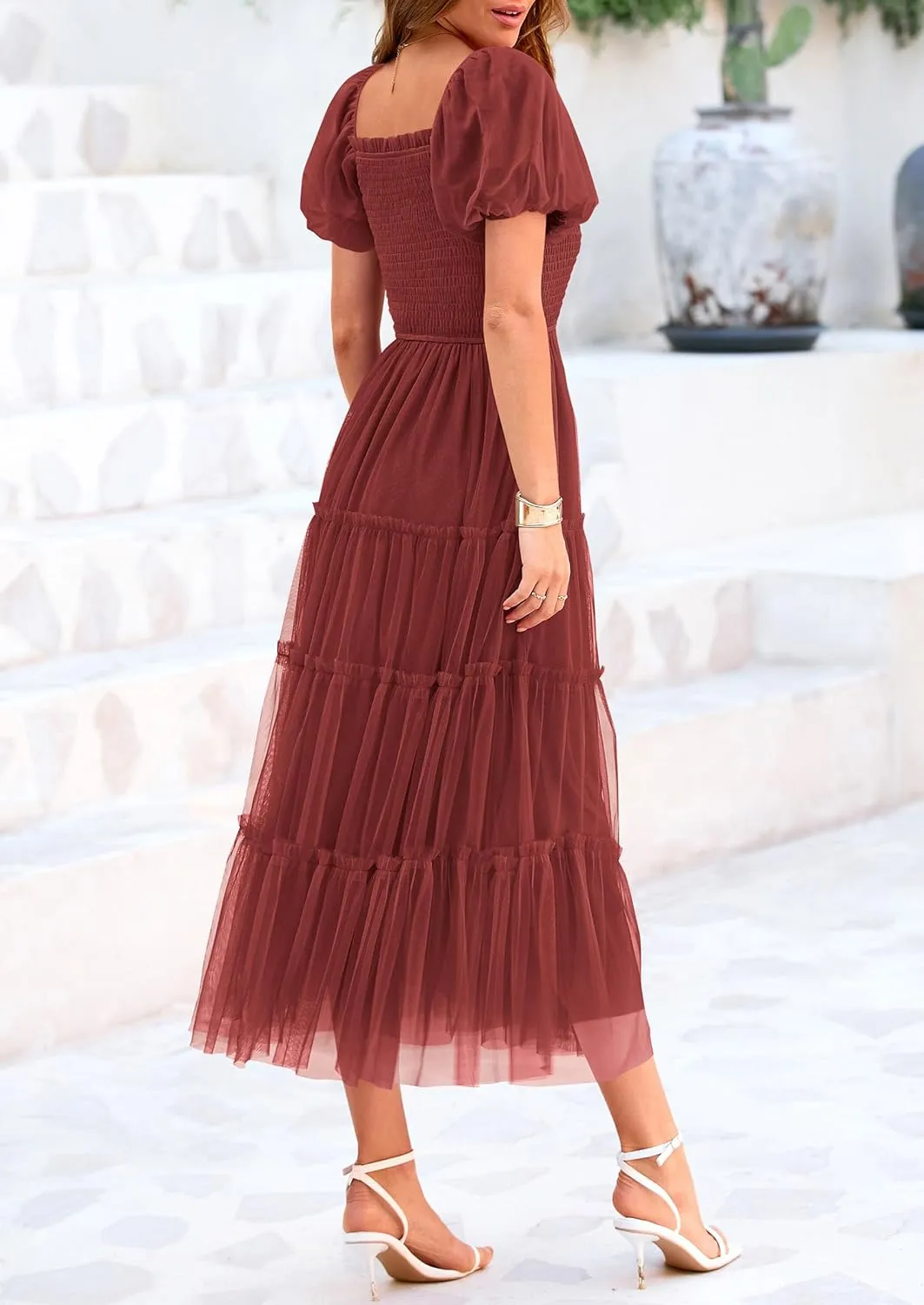 PRETTYGARDEN Women's Smocked Tulle Midi Dress 2025 Summer Square Neck Puffy Short Sleeve Ruffle Wedding Guest Party Dresses