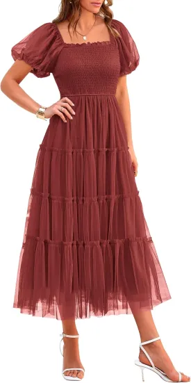 PRETTYGARDEN Women's Smocked Tulle Midi Dress 2025 Summer Square Neck Puffy Short Sleeve Ruffle Wedding Guest Party Dresses