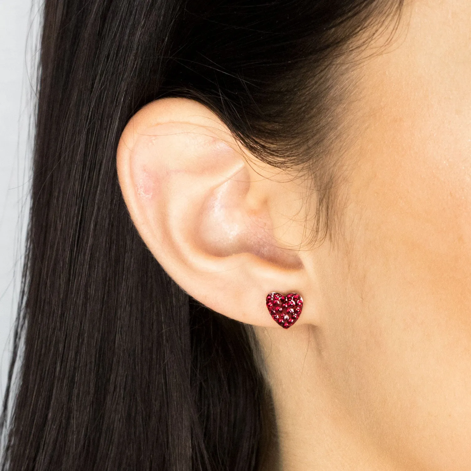 Red Pave Heart Stud Earrings Stainless Steel