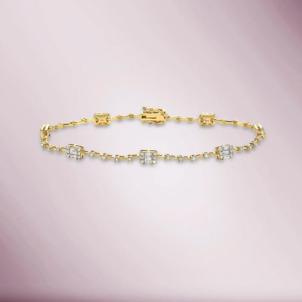 Round & Baguette Diamonds Rectangular Shape Link Bracelet (1.75 ct.) Buttercup Setting in 14K Gold