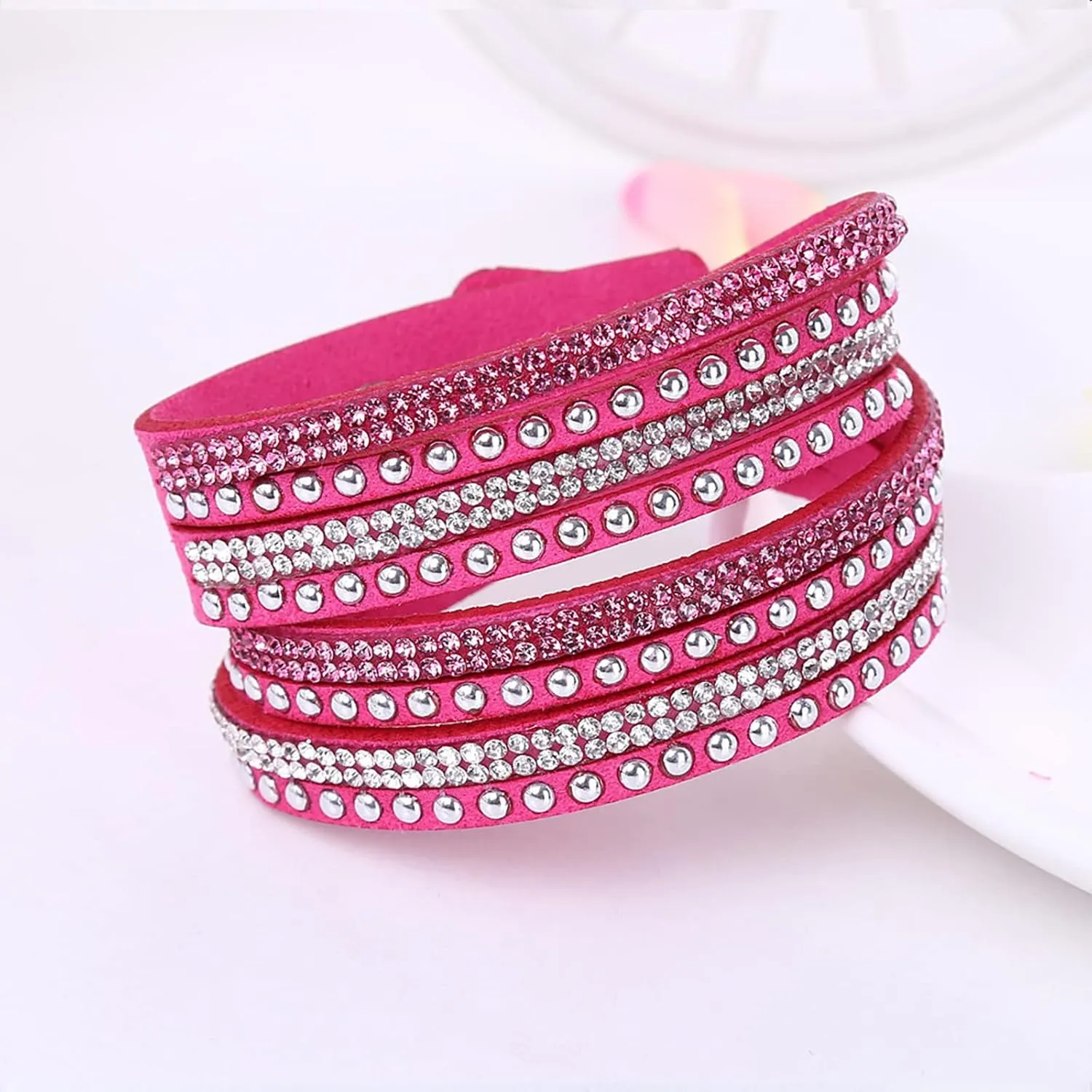 Tiantian Trendy Boho Jewelry - Multilayer Stackable Bangle Bracelets with Crystal Rhinestone Leather Wrap Design for Women