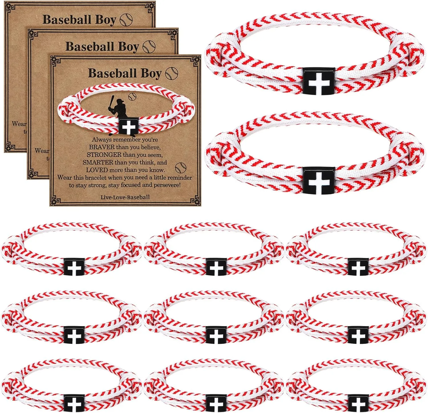 Tondiamo 12 Set Sport Bracelets Baseball Softball Basketball Team Gift Adjustable Rope Jesus Cross Bracelet Christian Religious Gift for Men Women Christian Baptism Gifts