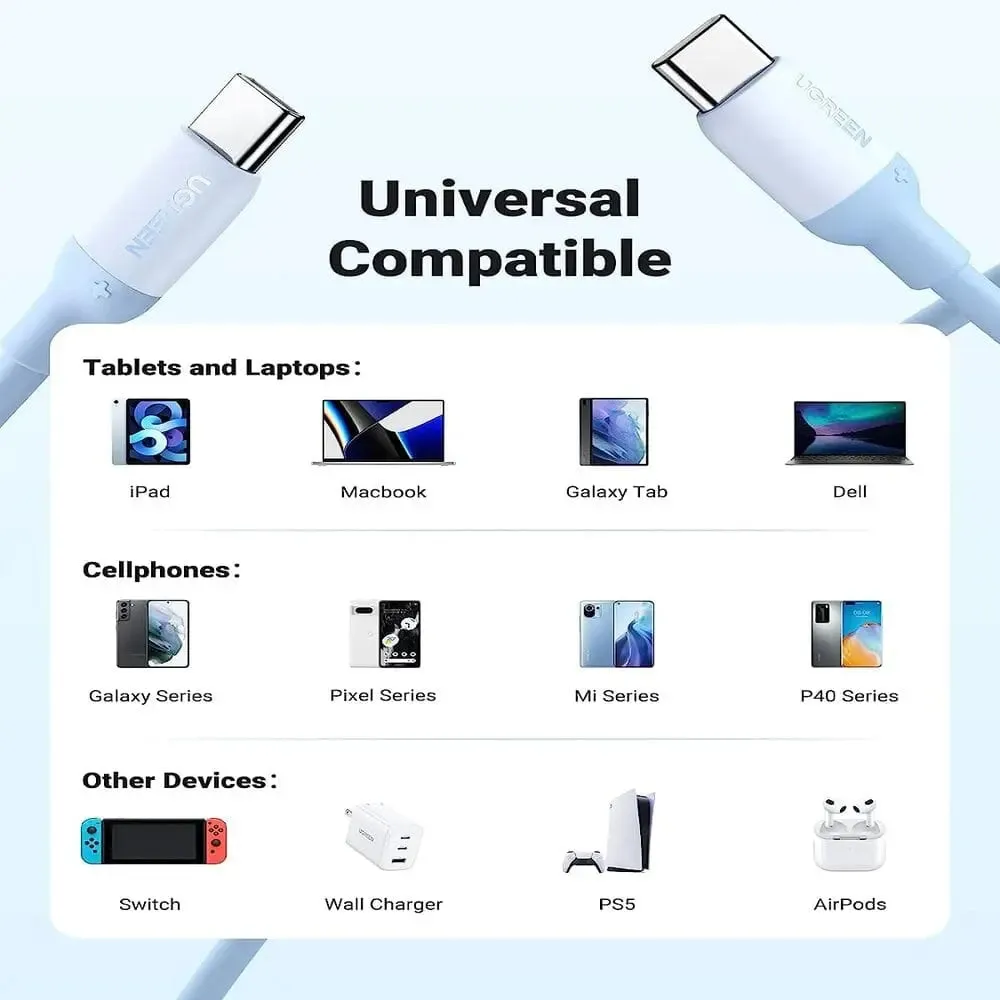 UGREEN 1m 60W USB C to USB C Silicone Charging Cable Compatible with Galaxy S23 S22 Ultra, MacBook Pro 2021, iPad Pro 2021 / Air 5, Pixel 7 6 Pro, Mi 11 etc. - Blue (15279)