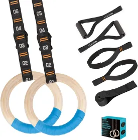 Vulken Wooden Gymnastic Rings with Adjustable Numbered Straps. 1.25'' Olympic Rings for Core Workout, Crossfit, Bodyweight Training. Home Gym Rings with 8.5ft Exercise Straps and Workout Handles.