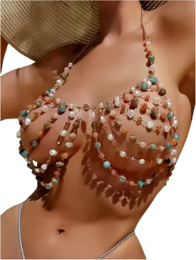 WDIRARA Women's Pearl Beaded Halter Bikini Top Sleeveless Backless Beach Cover Up Tops