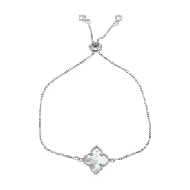 White Mother of Pearl Flower Adjustable Bolo Bracelet silver
