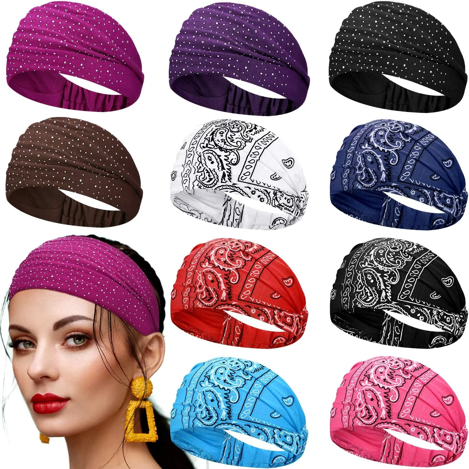 WILLBOND 10 Pcs Wide Bandana Headbands for Women Non Slip Paisley Crystal Hairband Elastic Boho Bling Rhinestone Head Wrap Stretchy Turban Bandana Hair Accessories for Sports Yoga Gym Workout