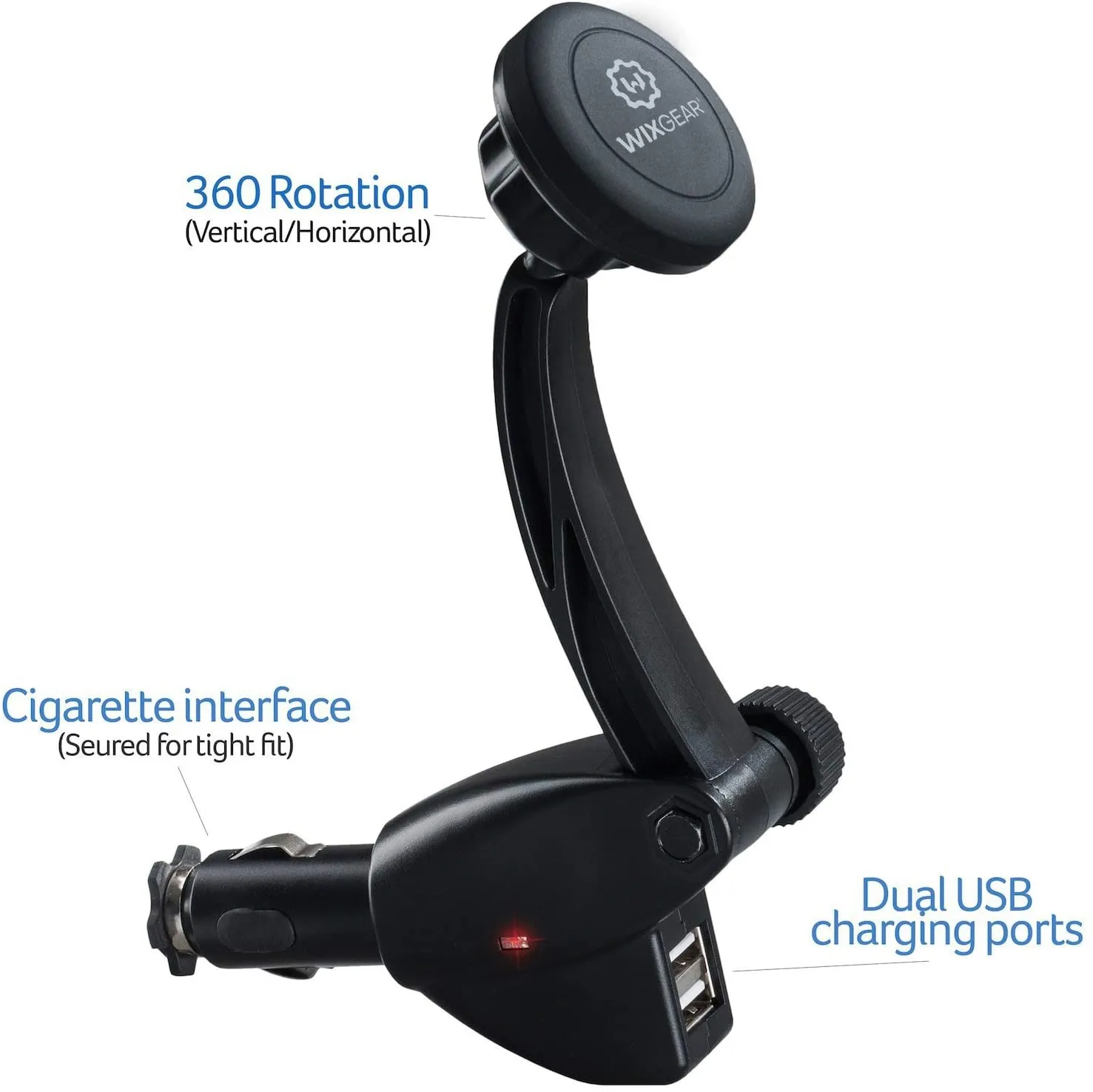 WixGear Car Mount Charger, Universal Magnetic Car Charger Socket Mount Holder, with Dual USB Charger
