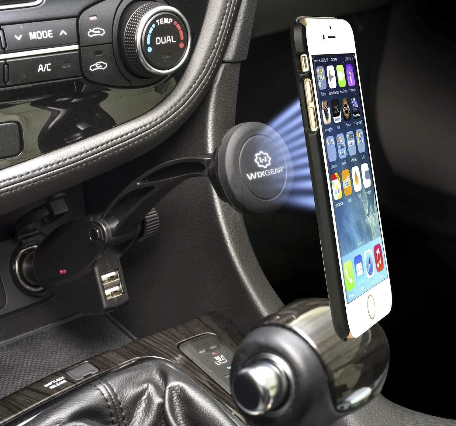 WixGear Car Mount Charger, Universal Magnetic Car Charger Socket Mount Holder, with Dual USB Charger