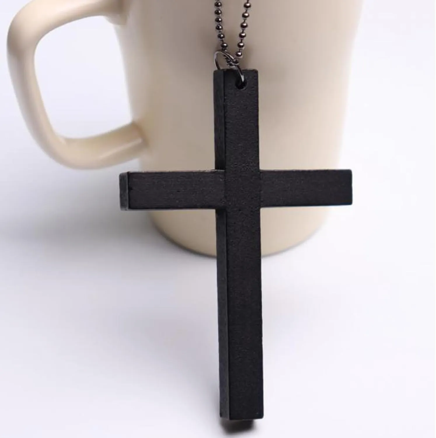 Wooden Cross Pendant Necklace - Black Beaded Chain Christian Religious Jewelry for Women Men, Adjustable Baptism Gifts, Prayer Necklace for Believers